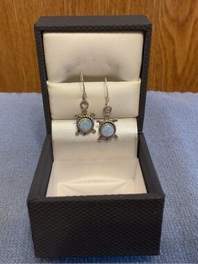 Sterling Silver Turtle Opal Drop Earrings - Iridescent Blue-Green